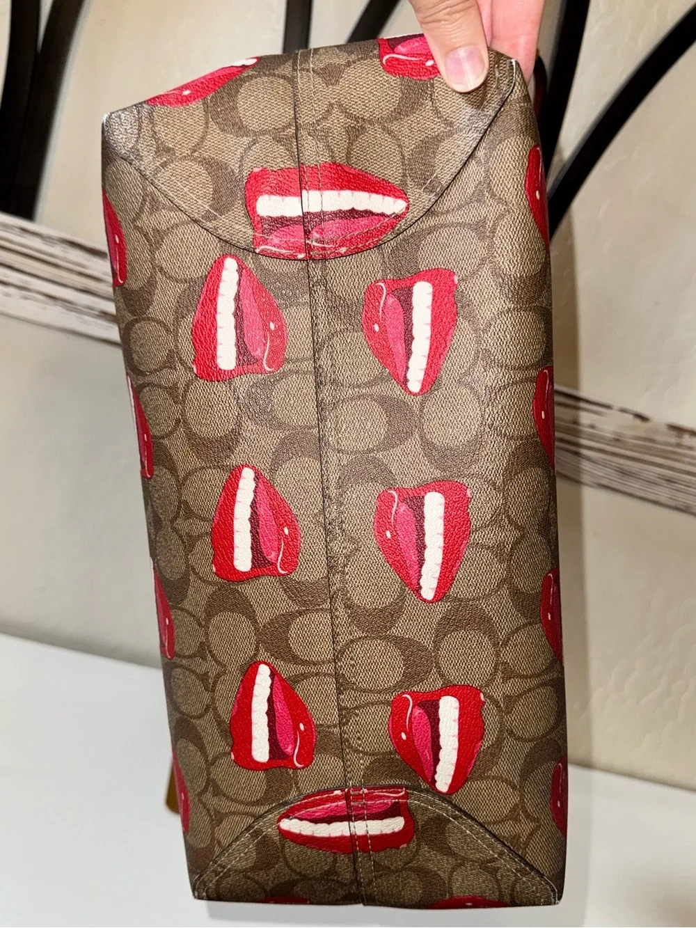 Coach x Tom Wesselman 2023 City Tote signature khaki w red smile mouth lips